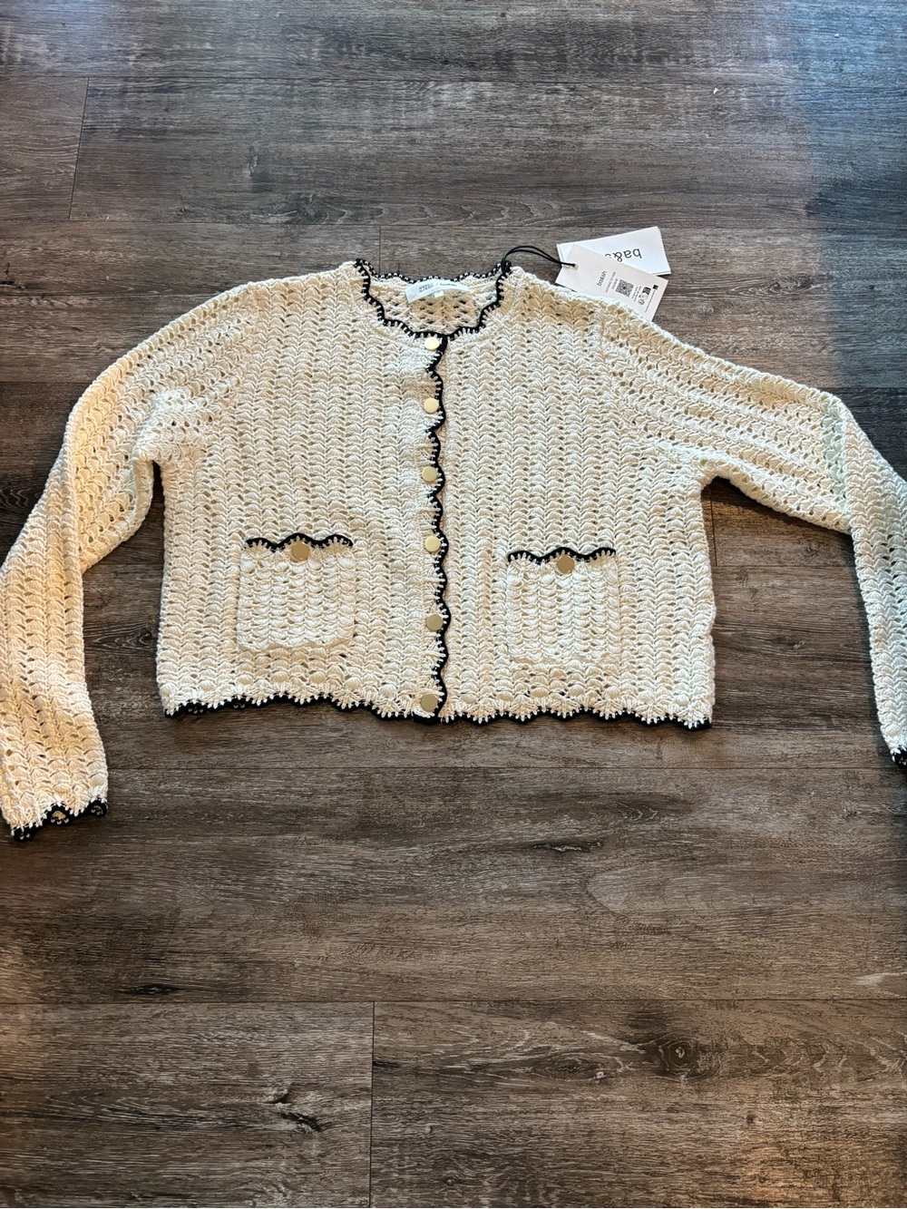 ba&sh Cream Crochet Cardigan with Black Trim